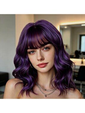 Women's Royal Purple Soft Short Bob Style Synthetic Shoulder Length Curly Wigs